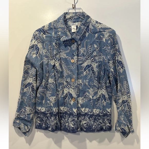 Coldwater Creek Blue White Floral Beaded‎ Linen Blend Jacket Women’s PL (BR) - Picture 1 of 4